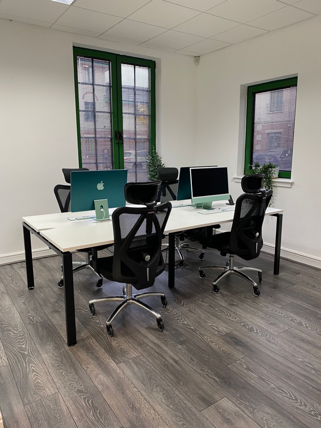 The Simplex Mortgages office workspace with teal iMacs by tall green-framed windows